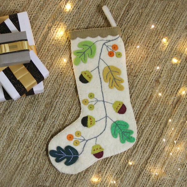 Alternate image for Handmade Applique Wool Felt Leaf Acorn Christmas Stocking Leaves of the Season