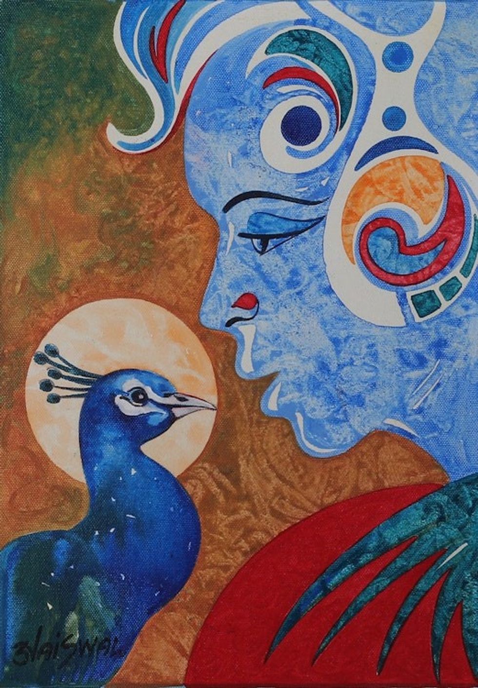 Signed Expressionist Acrylic Vasundhara and Peacock Painting 'Vasundhara'