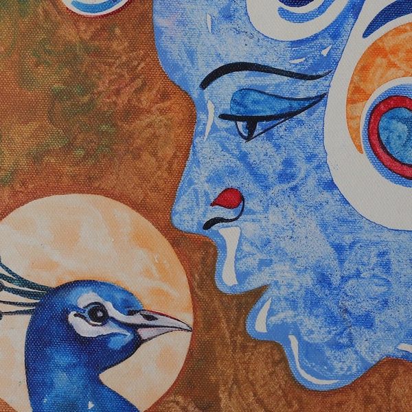 Alternate image for Signed Expressionist Acrylic Vasundhara and Peacock Painting Vasundhara
