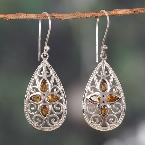 Alternate image for Floral Three-Carat Pear Citrine Dangle Earrings from India Queen of Joy