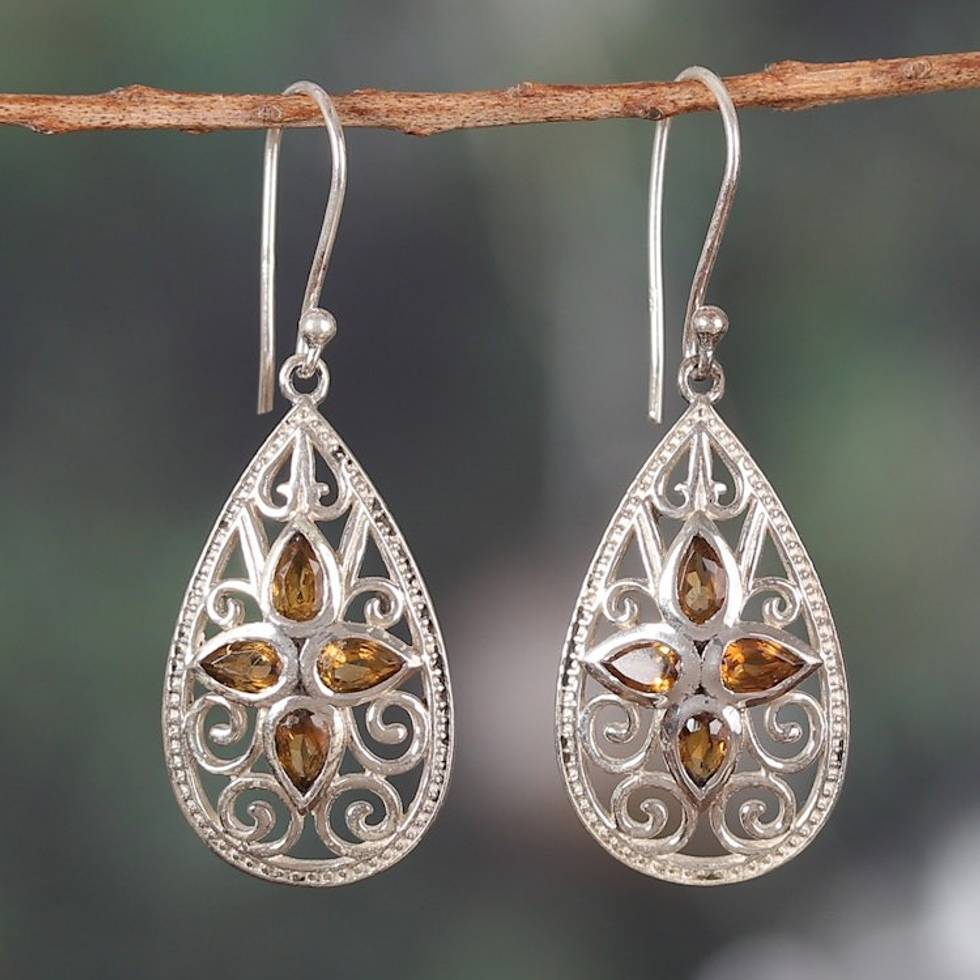 Floral Three-Carat Pear Citrine Dangle Earrings from India 'Queen of Joy'