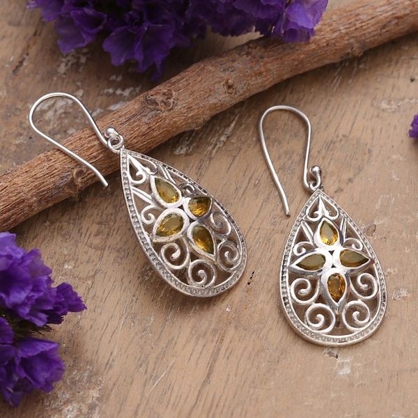 Alternate image for Floral Three-Carat Pear Citrine Dangle Earrings from India Queen of Joy