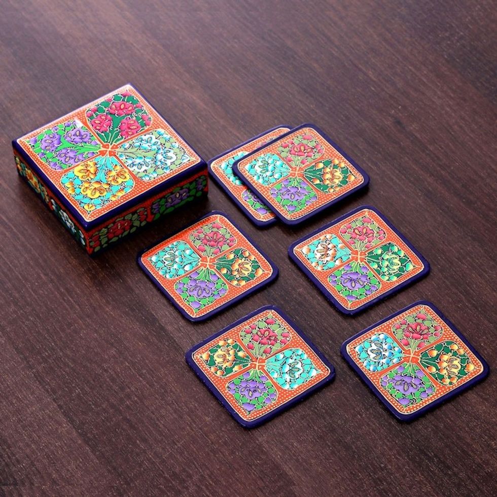 Set of 6 Floral Painted Orange Papier Mache Coasters 'Summer Elixir'