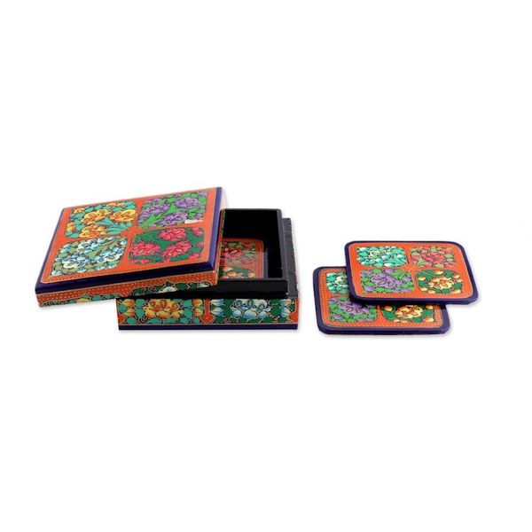 Alternate image for Set of 6 Floral Painted Orange Papier Mache Coasters Summer Elixir
