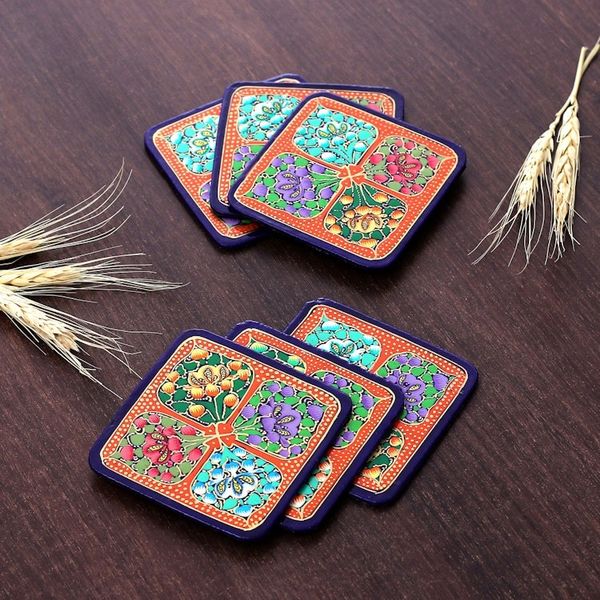 Alternate image for Set of 6 Floral Painted Orange Papier Mache Coasters Summer Elixir