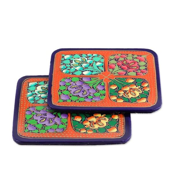 Alternate image for Set of 6 Floral Painted Orange Papier Mache Coasters Summer Elixir