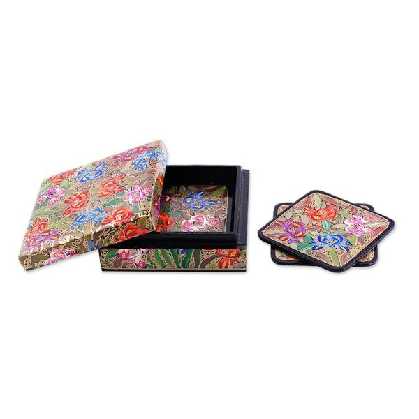 Alternate image for Set of 6 Floral Brown Wood and Papier Mache Coasters Blooming Manor