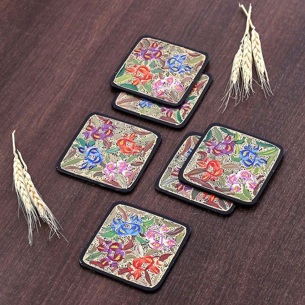 Alternate image for Set of 6 Floral Brown Wood and Papier Mache Coasters Blooming Manor