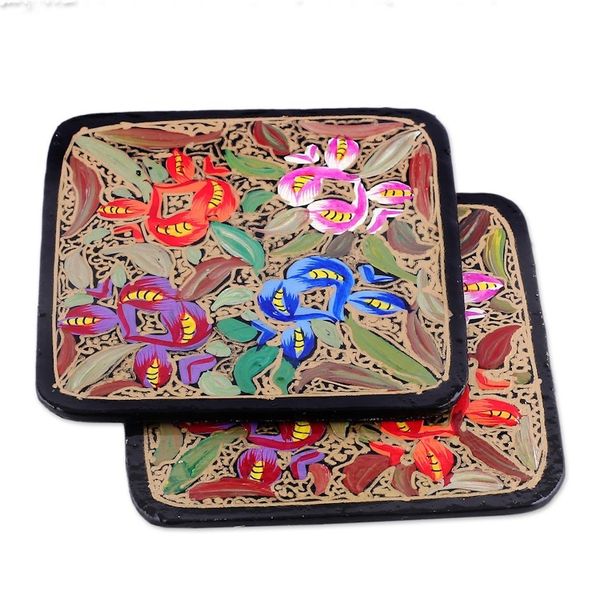 Alternate image for Set of 6 Floral Brown Wood and Papier Mache Coasters Blooming Manor