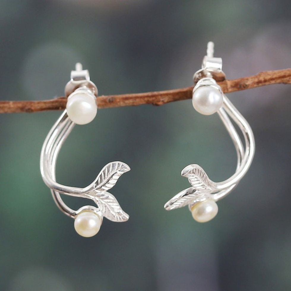 Ocean-Themed Sterling Silver and Cream Pearl Drop Earrings 'Pearly Fins'