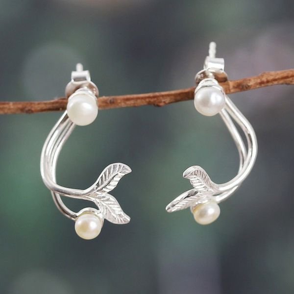 Alternate image for Ocean-Themed Sterling Silver and Cream Pearl Drop Earrings Pearly Fins