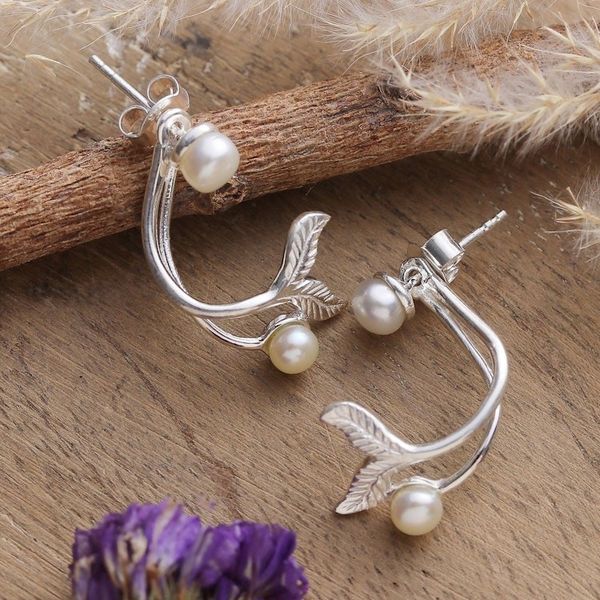 Alternate image for Ocean-Themed Sterling Silver and Cream Pearl Drop Earrings Pearly Fins