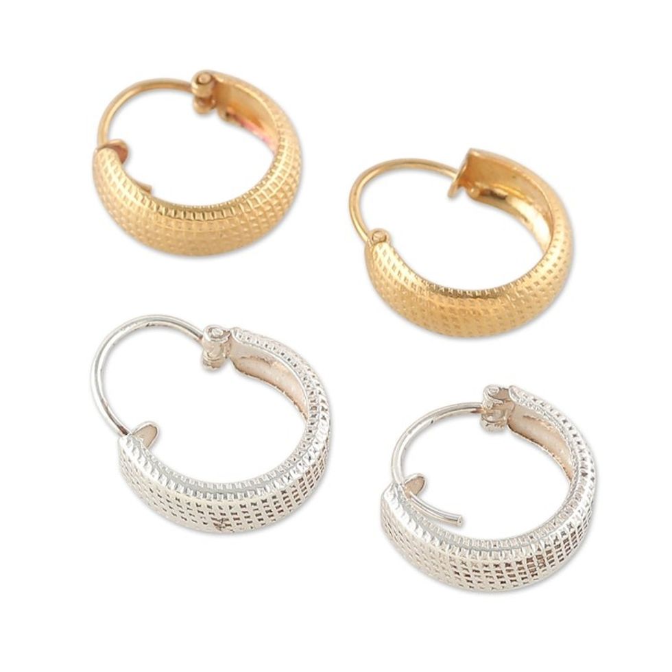 Set of 2 Textured Gold-Plated and Sterling Silver Earrings 'Everyday'