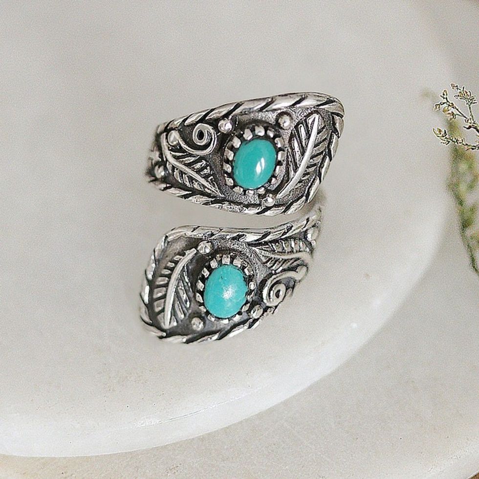 Classic Leafy and Floral Reconstituted Turquoise Wrap Ring 'Call from Paradise'