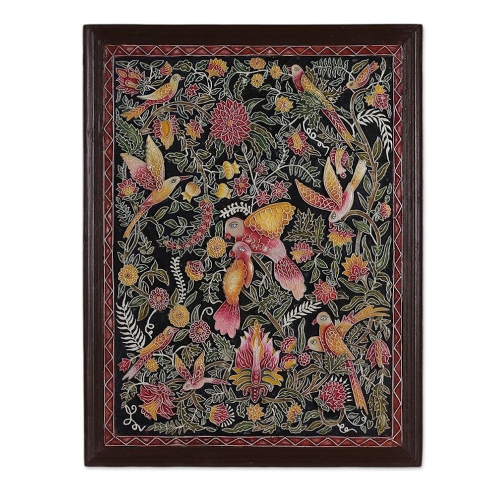 Bird and Nature-Themed Painted Marble Dust Relief Wall Art 'Midnight Birds II'