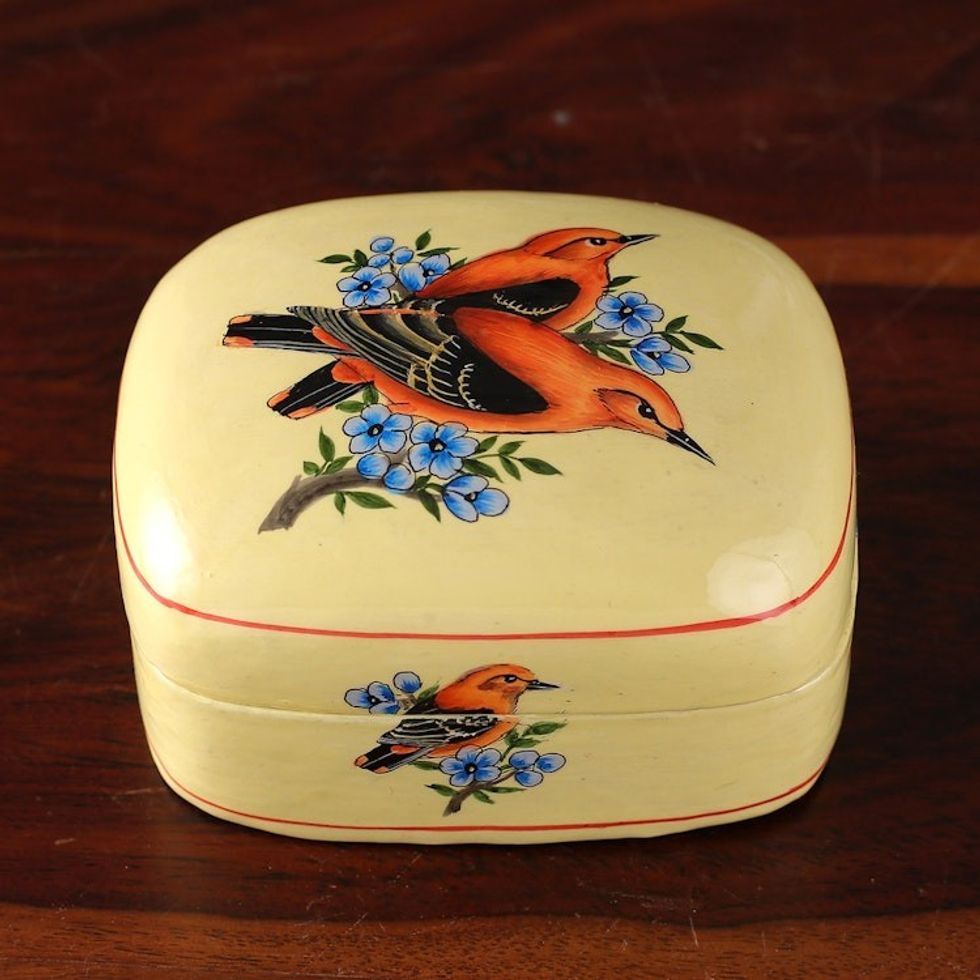 Bird-Themed Painted Yellow Papier Mache Decorative Box 'Our Summer'