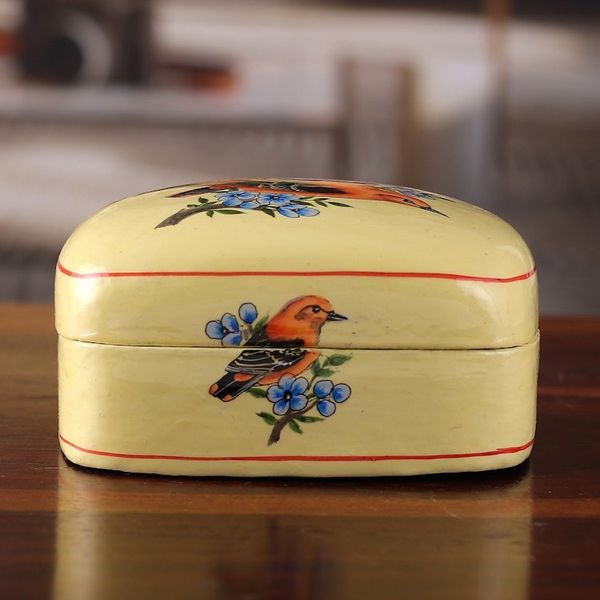 Alternate image for Bird-Themed Painted Yellow Papier Mache Decorative Box Our Summer