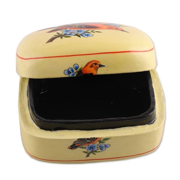 Alternate image for Bird-Themed Painted Yellow Papier Mache Decorative Box Our Summer