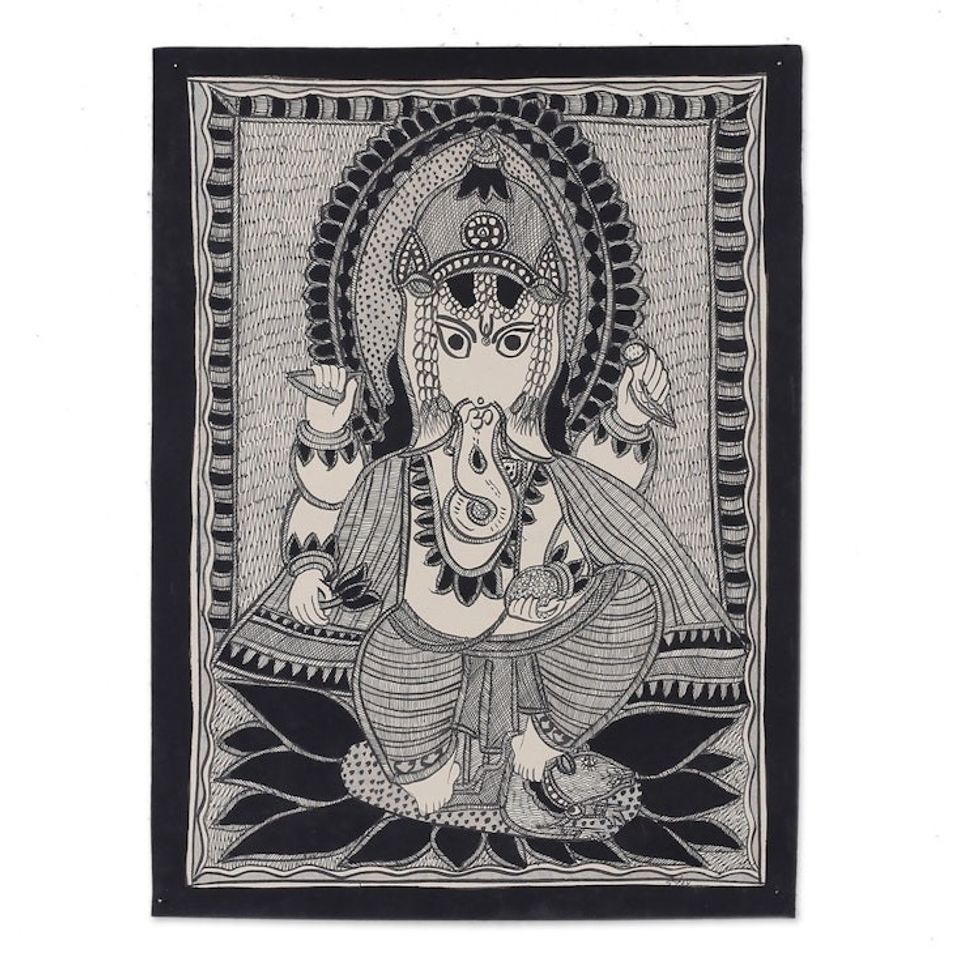 Madhubani Painting of Hindu God Ganesha on Handmade Paper 'Glorious Ganesha'