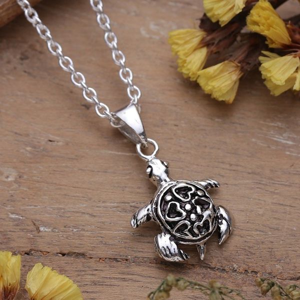 Alternate image for Romantic Turtle-Shaped Sterling Silver Pendant Necklace Turtle in Love