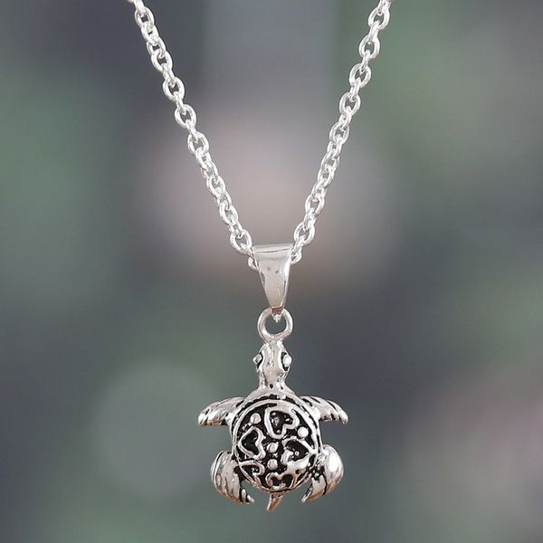 Alternate image for Romantic Turtle-Shaped Sterling Silver Pendant Necklace Turtle in Love