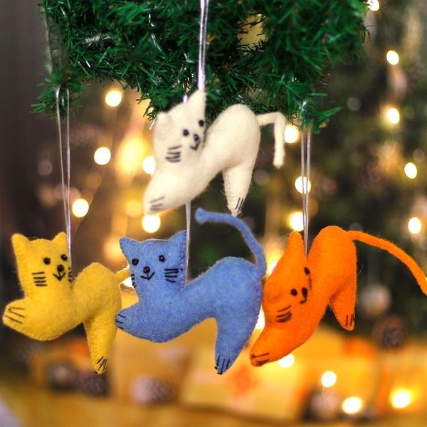 Alternate image for Set of 4 Handcrafted Cat-Shaped Wool Felt Ornaments Festive Kittens