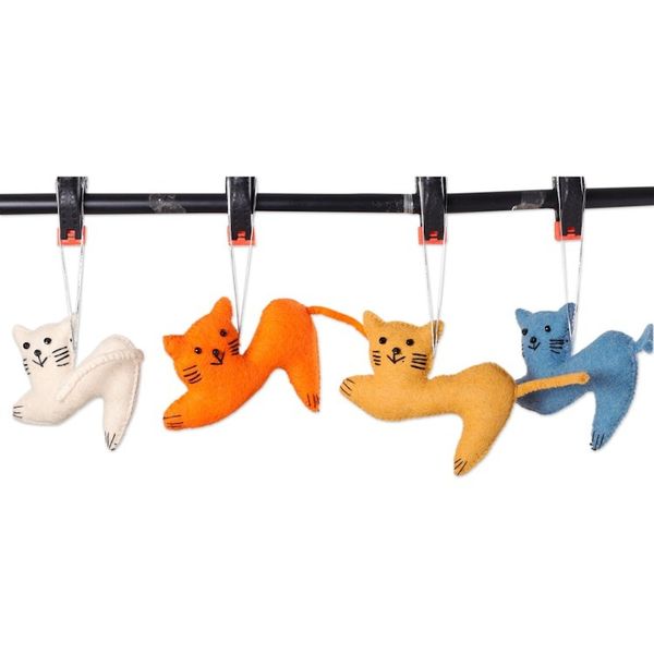 Alternate image for Set of 4 Handcrafted Cat-Shaped Wool Felt Ornaments Festive Kittens