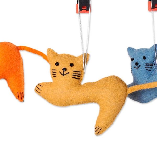 Alternate image for Set of 4 Handcrafted Cat-Shaped Wool Felt Ornaments Festive Kittens