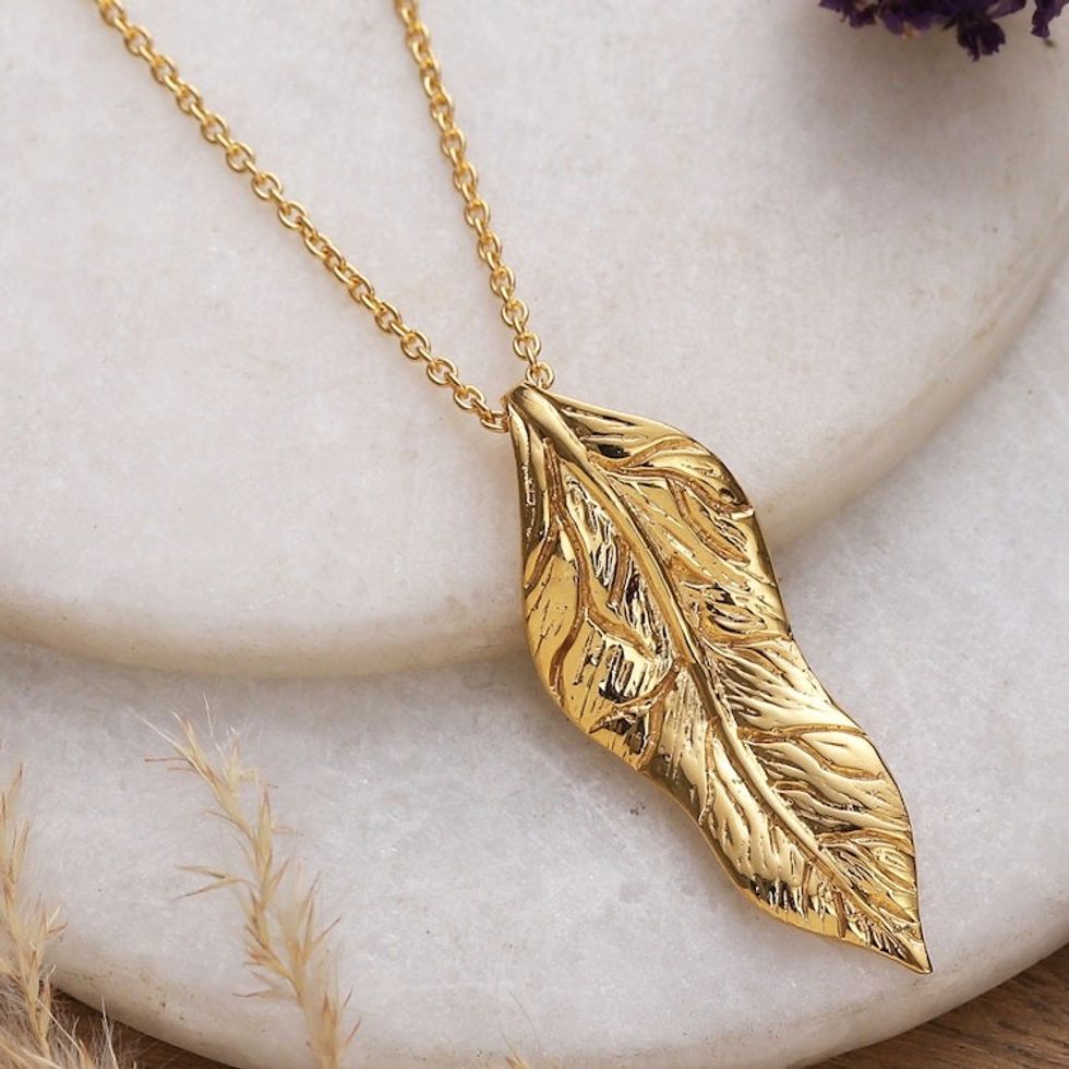 High-Polished Leafy Brass Pendant Necklace from India 'Autumnal Triumph'
