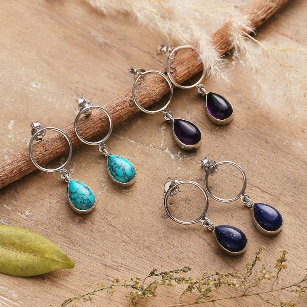 Traditional Gemstone Dangle Earrings from India Set of 3 'Dazzling Epoch'