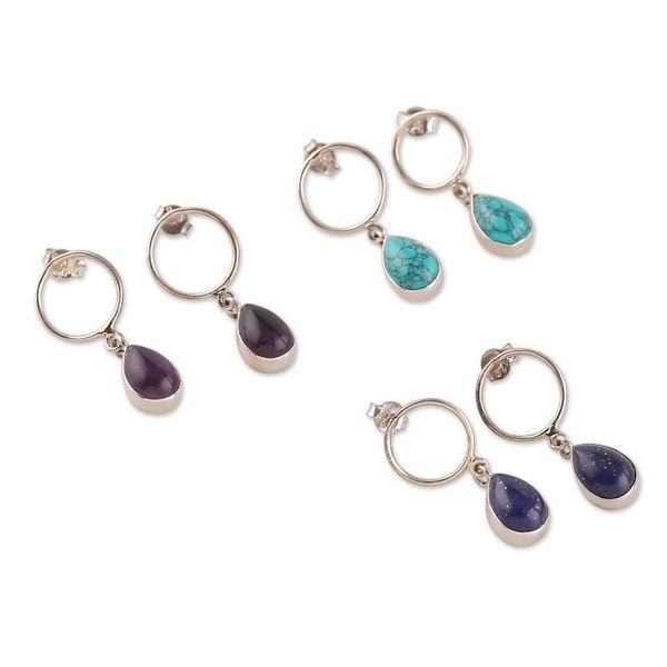 Alternate image for Traditional Gemstone Dangle Earrings from India Set of 3 Dazzling Epoch