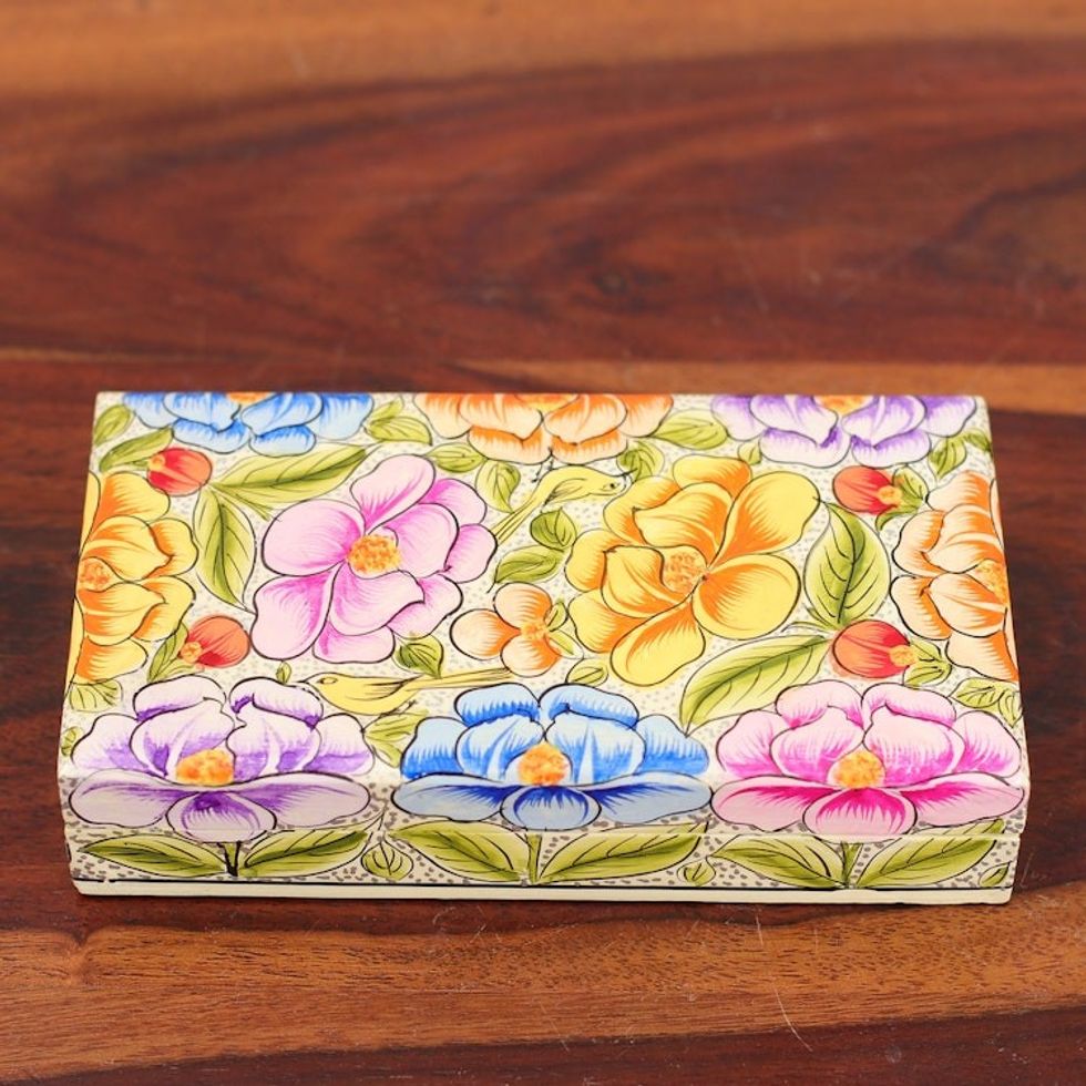 Floral Leaf Bird-Themed Papier Mache on Wood Decorative Box 'Blooming Kashmir'