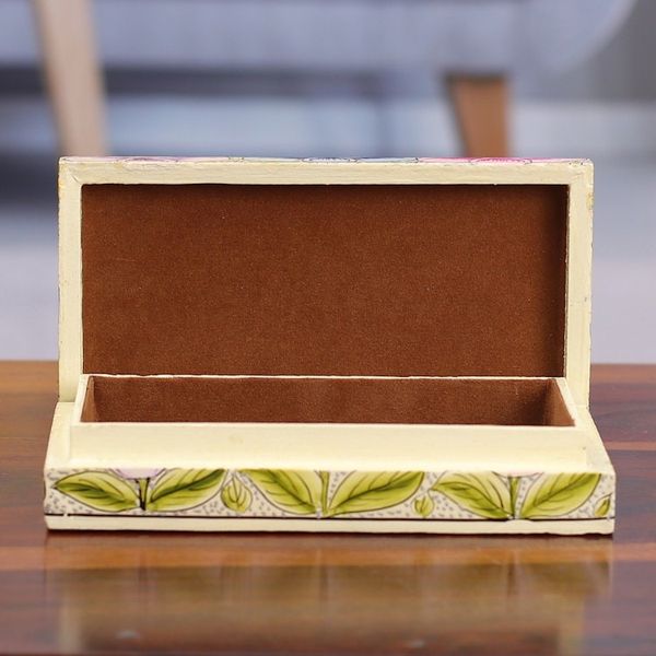 Alternate image for Floral Leaf Bird-Themed Papier Mache on Wood Decorative Box Blooming Kashmir