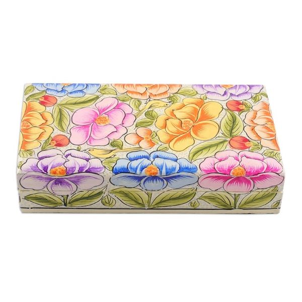 Alternate image for Floral Leaf Bird-Themed Papier Mache on Wood Decorative Box Blooming Kashmir