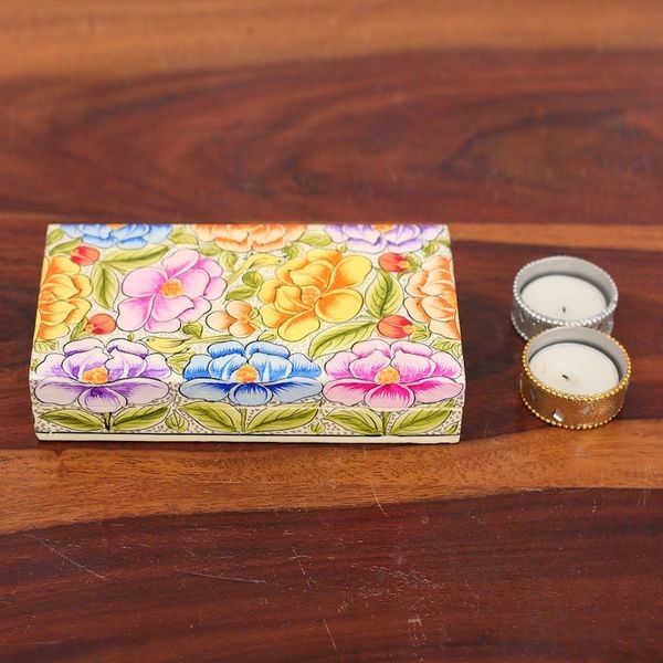 Alternate image for Floral Leaf Bird-Themed Papier Mache on Wood Decorative Box Blooming Kashmir