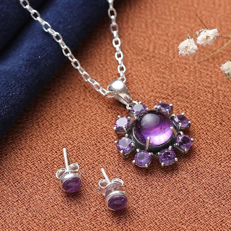 Polished Sun-Themed Amethyst Jewelry Set from India 'Solar Wisdom'