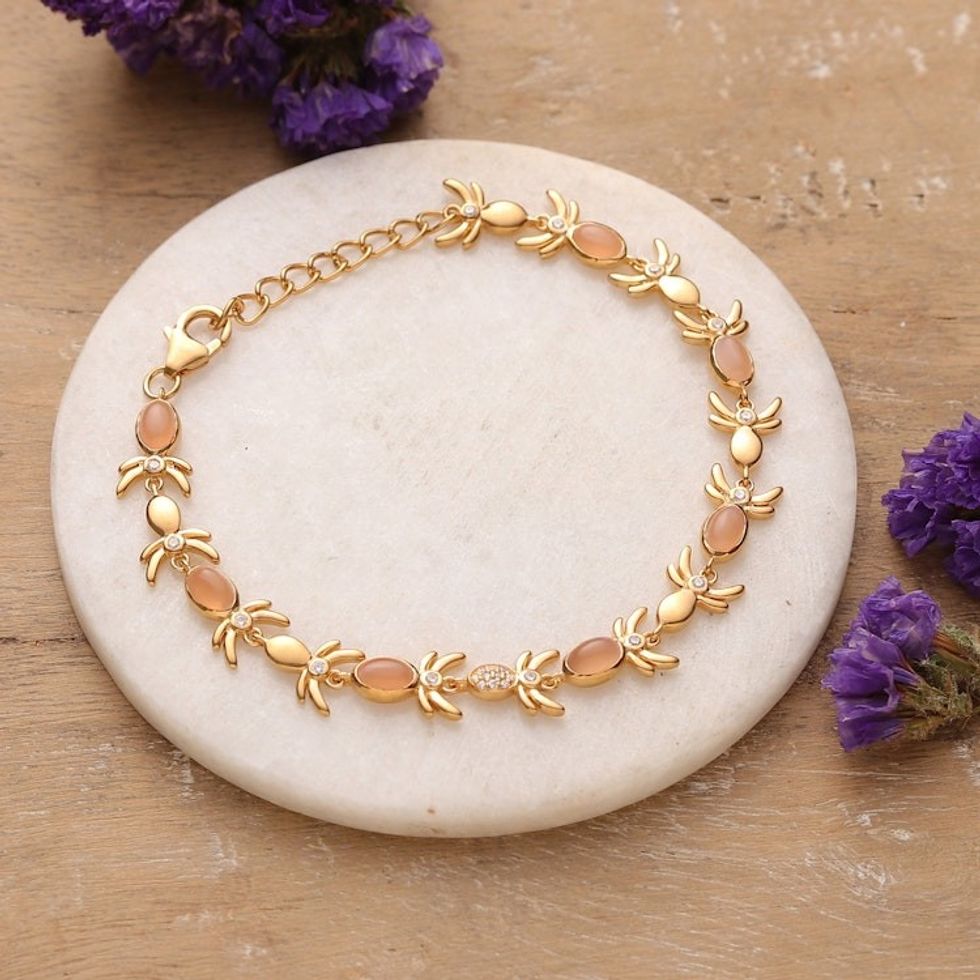 Polished 22k Gold-Plated Leafy Moonstone Link Bracelet 'Tender Arcadia'