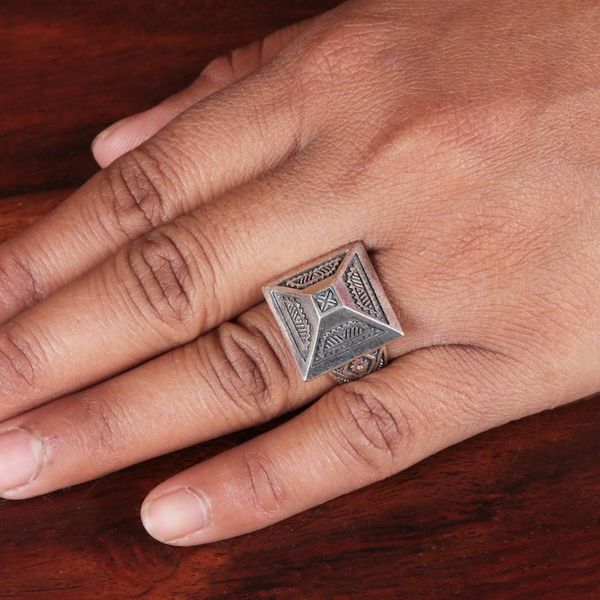 Alternate image for Temple-Themed Mens Sterling Silver Domed Ring from India Temple Glory