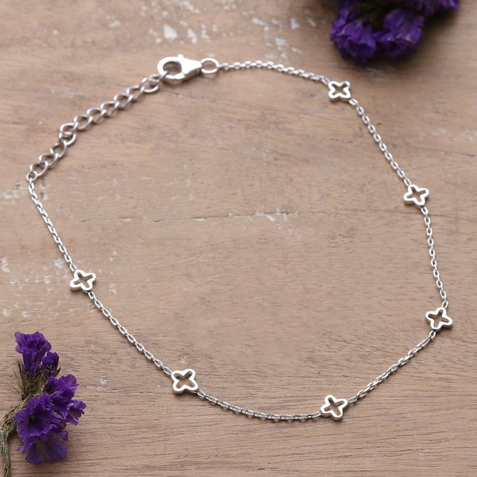 Classic Floral Sterling Silver Station Anklet from India 'Stars Blooms'