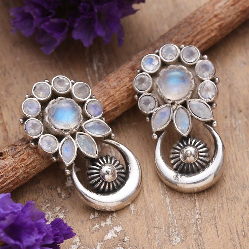 Floral Five-Carat Faceted Rainbow Moonstone Drop Earrings 'Triumph in Spring'