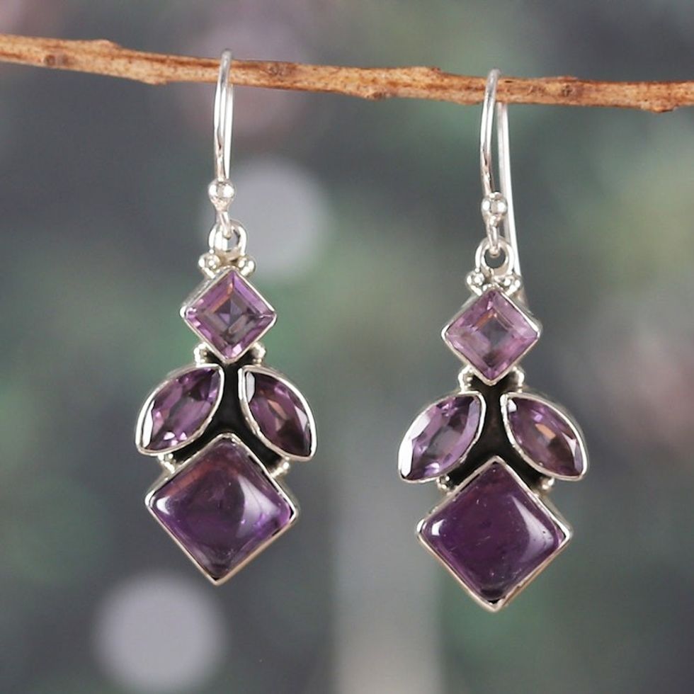 Faceted Four-Carat Amethyst Dangle Earrings from India 'Noble Wisdom'