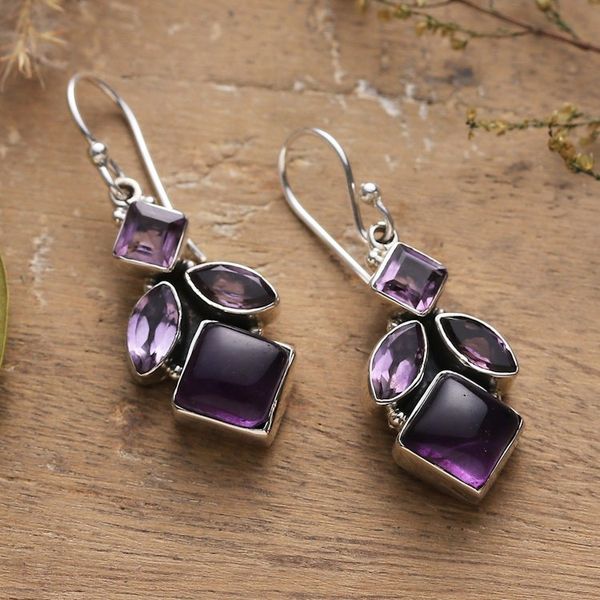 Alternate image for Faceted Four-Carat Amethyst Dangle Earrings from India Noble Wisdom
