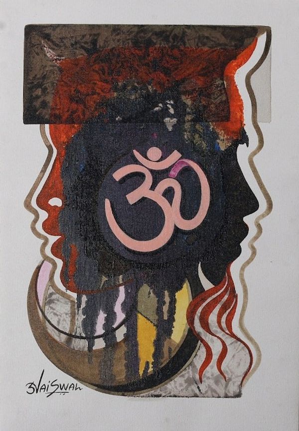 Alternate image for Signed Expressionist Dark-Toned Acrylic Om Painting Omkar