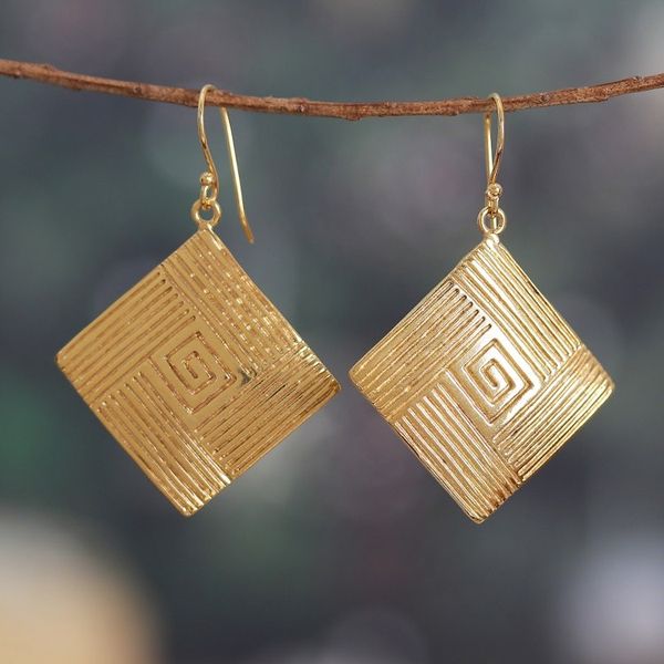 Alternate image for Diamond-Shaped Polished Brass Dangle Earrings from India Diamond Routes