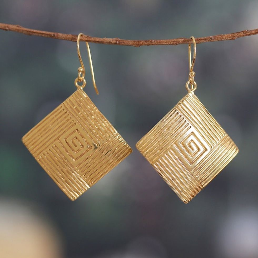 Diamond-Shaped Polished Brass Dangle Earrings from India 'Diamond Routes'
