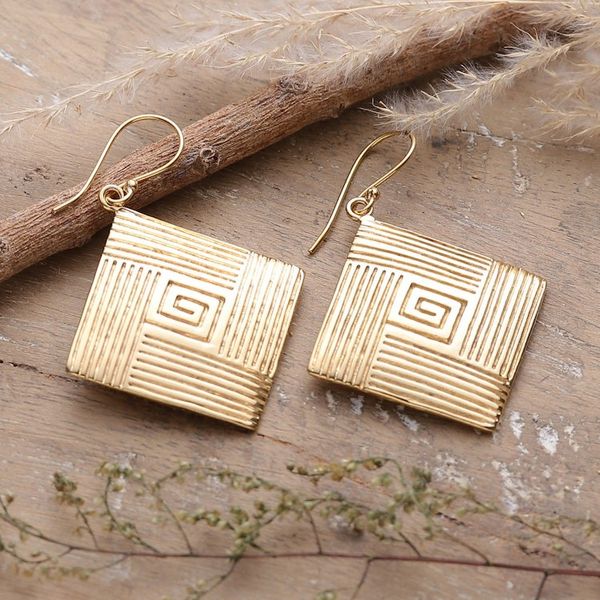 Alternate image for Diamond-Shaped Polished Brass Dangle Earrings from India Diamond Routes