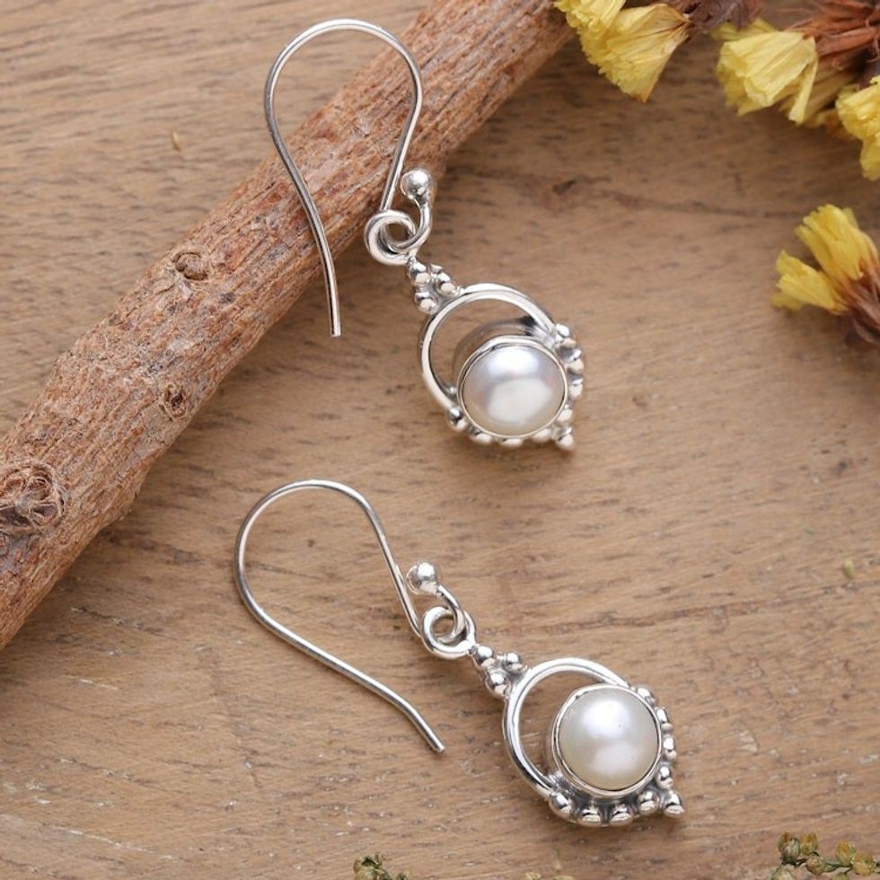 Polished Cream Cultured Pearl Dangle Earrings from India 'Pure Allure'