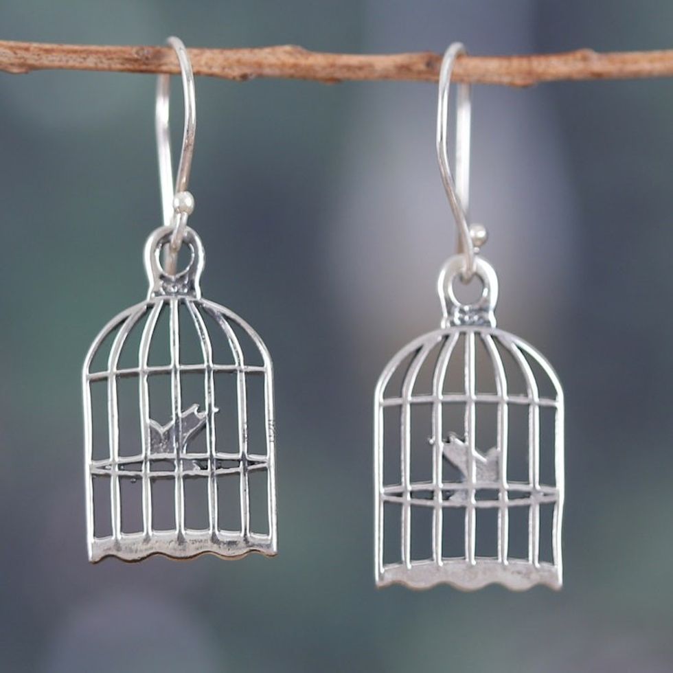 Inspirational Caged Bird Sterling Silver Dangle Earrings 'Delicate Liberty'