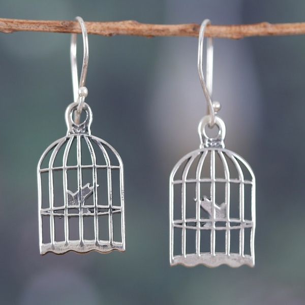 Alternate image for Inspirational Caged Bird Sterling Silver Dangle Earrings Delicate Liberty