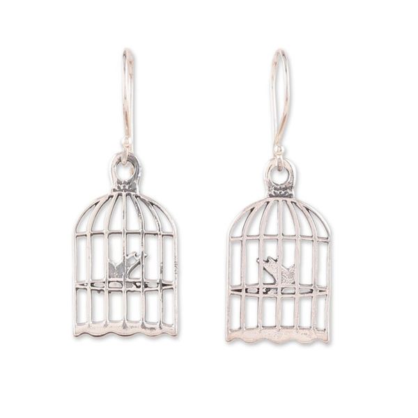 Alternate image for Inspirational Caged Bird Sterling Silver Dangle Earrings Delicate Liberty